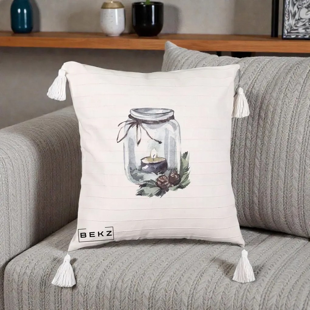 Perna Decorativa Felinar cu Lumanare si Conuri, 40x40 cm, Bej cu Franjuri, Husa Detasabila, Perna Inclusa, BEKZ®
