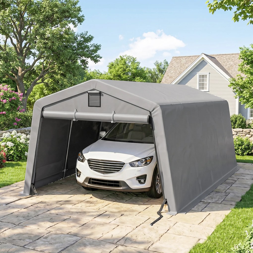 Outsunny Garaj Portabil, Carport Rezistent, Cort tip Garaj cu Copertină și 2 Ferestre de Ventilație și Ușă, 6.2x3.3x2.4 m, Gri | Aosom Romania