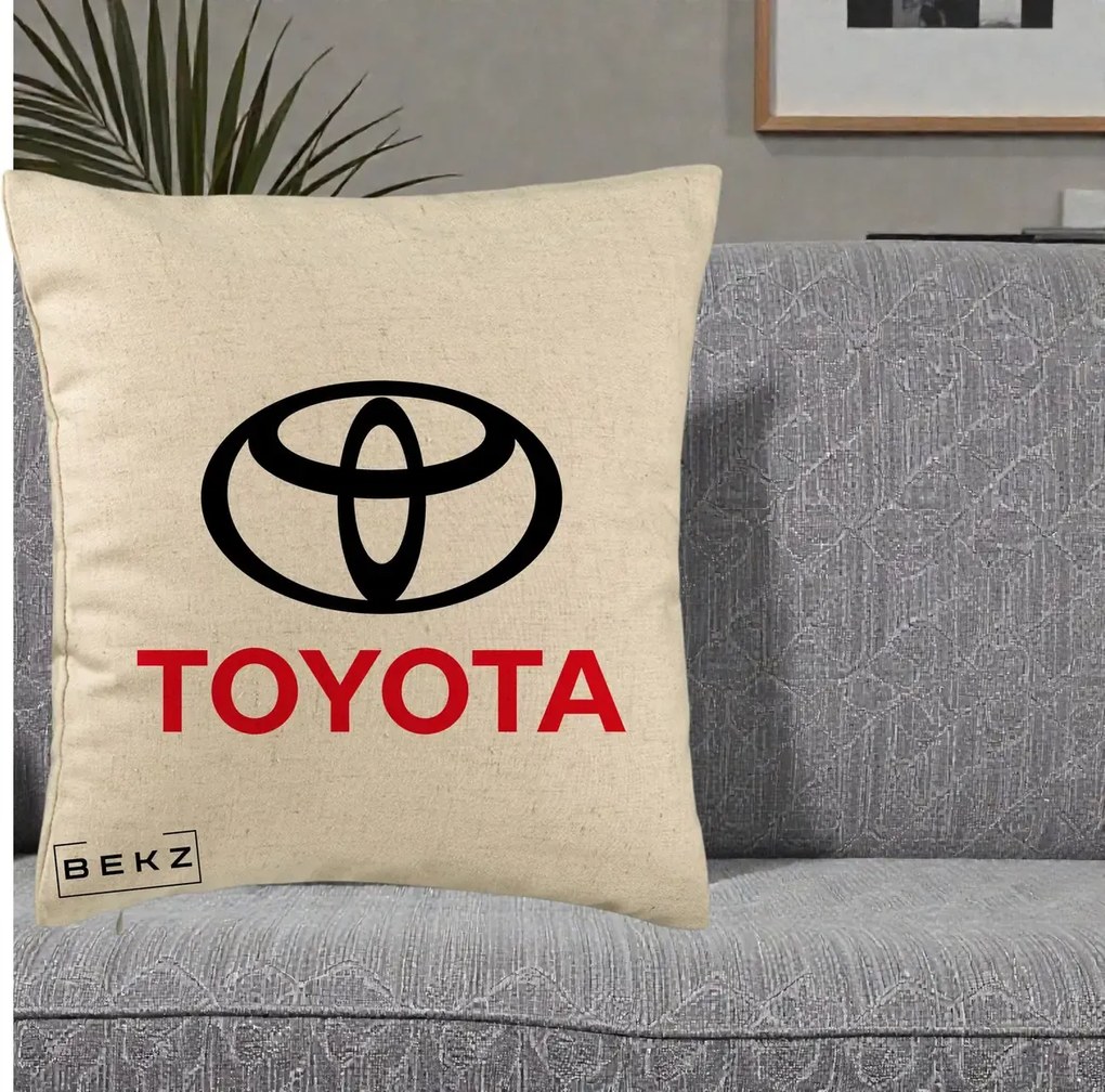 Perna Personalizata cu emblema Toyota, 40x40 cm, Bej, Husa Detasabila, Perna Inclusa, BEKZ®