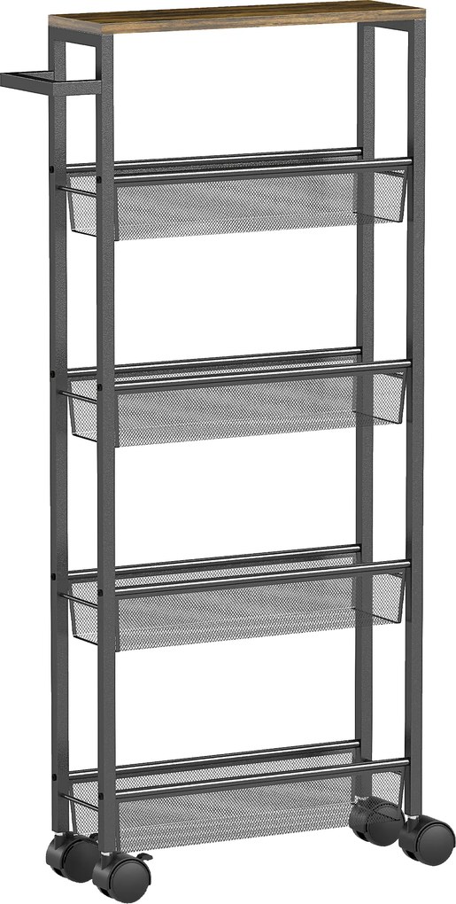 HOMCOM Cărucior de bucătărie cu 4 roți, cărucior de depozitare cu roți, blat cu aspect de lemn, structură metalică, 47x13x96,5 cm, negru | Aosom Romania