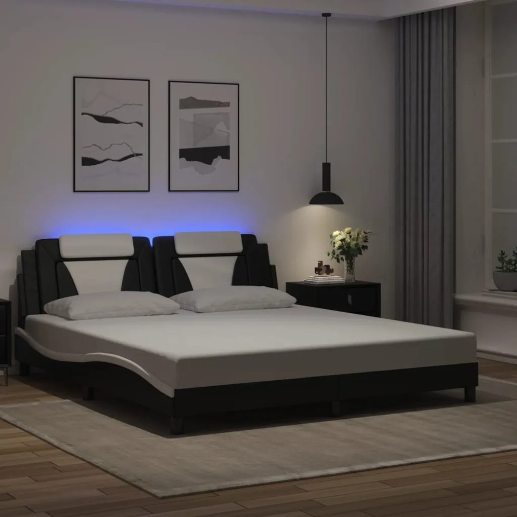 vidaXL Cadru de pat cu LED, negru și alb, 180x200 cm, piele ecologică