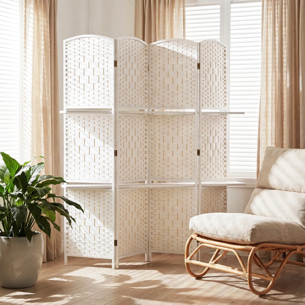 HOMCOM Paravan separator de cameră 4 panouri 160 x170 cm cu 2 rafturi, pliabil, din lemn | Aosom Romania