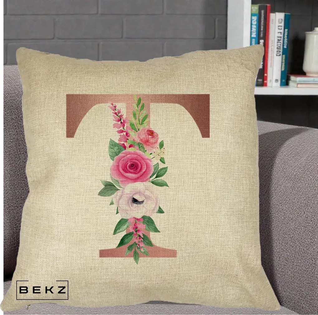 Cadou Personalizat - Perna Personalizata Monograma Rose Gold Litera T, 40x40 cm, Crem, Husa Detasabila, Perna Inclusa, BEKZ®
