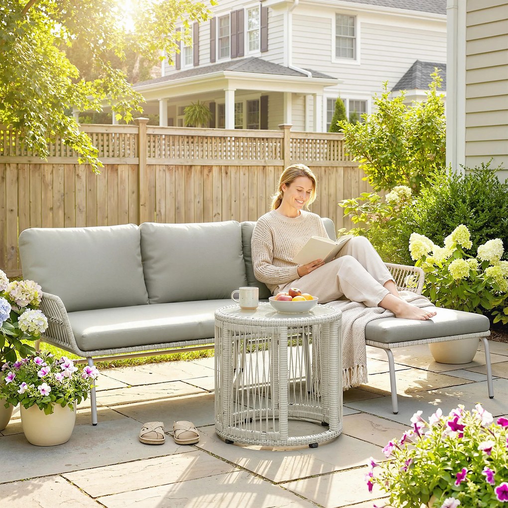 Outsunny Set mobilier de grădină din poliratan 3 piese, set lounge cu chaiselongue canapea pentru două persoane masă cu sticlă perne detașabile | Aosom Romania