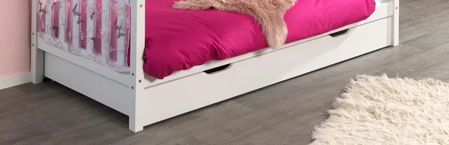 Set DALLAS în alb este format dintr-un Pat copii Vipack fără gard (90 x 200 cm), un sertar și un set textil.