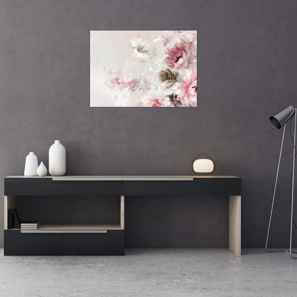 Tablou pe sticlă - Pictura flori roz (70x50 cm)