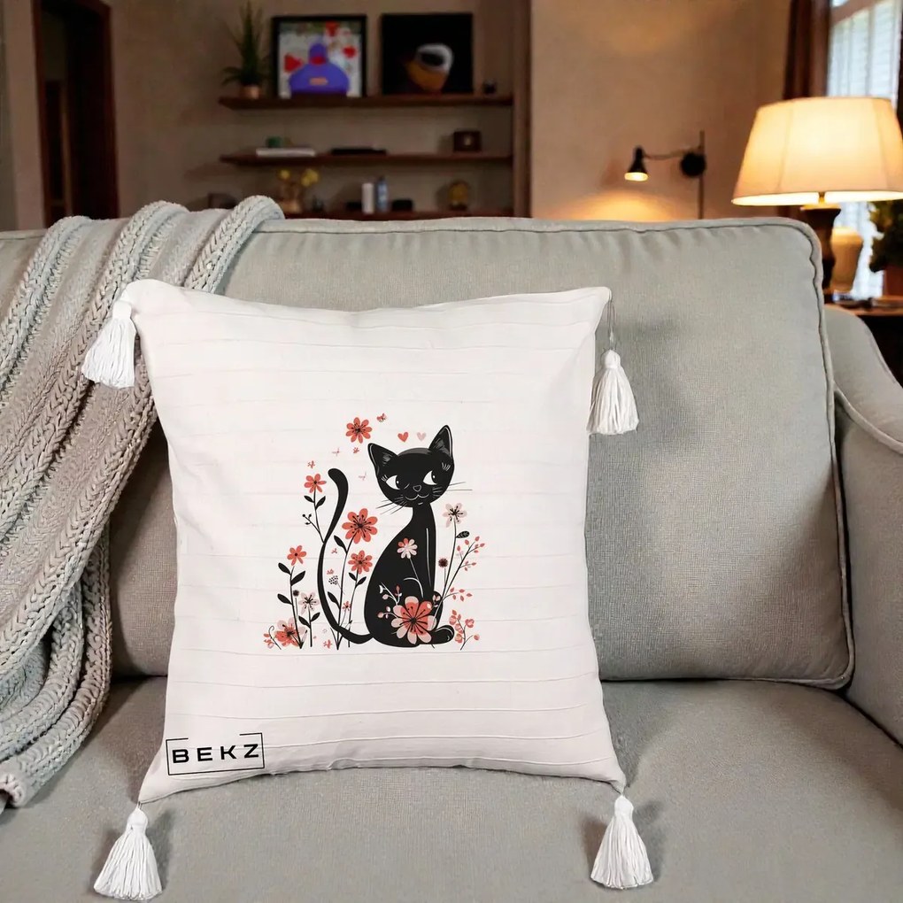 Perna Decorativa Pisica Neagra Flori Roz si Inimi, 40x40 cm, Bej cu Franjuri, Husa Detasabila, Perna Inclusa, BEKZ®