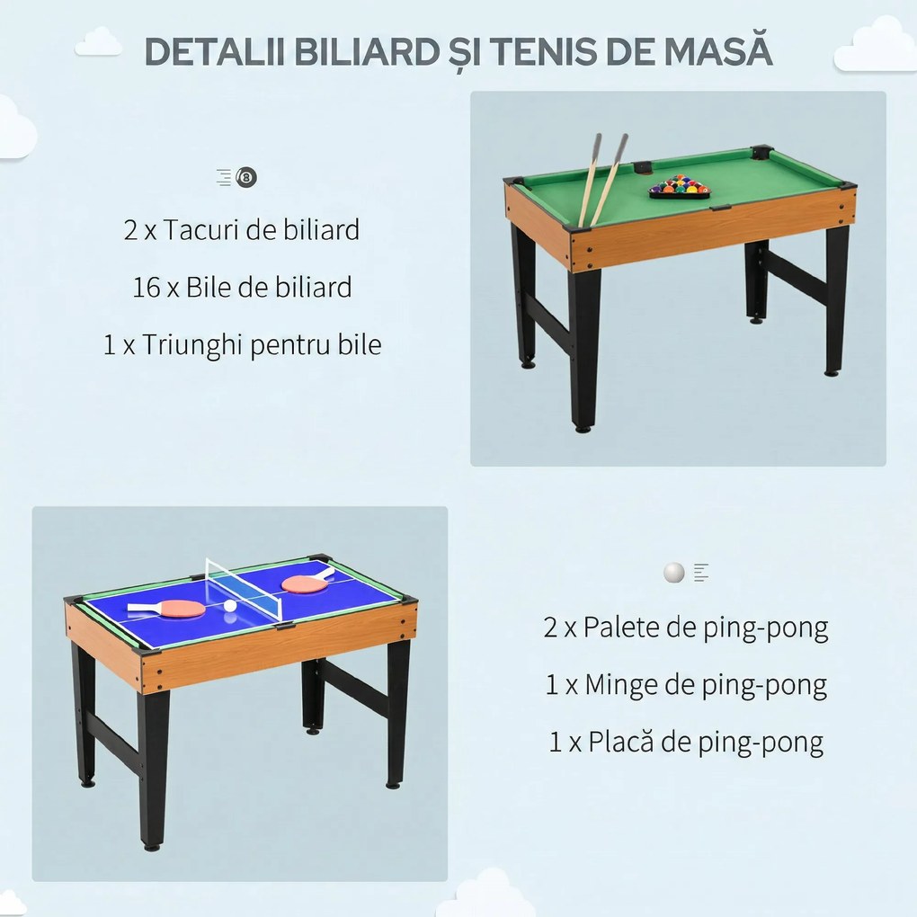 HOMCOM Masă de Joc 4 în 1 cu Fotbal de Masă, Biliard, Ping-Pong și Air Hockey, Vârstă 6+ Ani, 107x61x84,5 cm, Multicolor | Aosom Romania