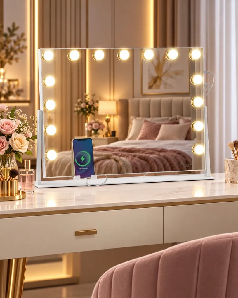 Oglindă cosmetică, sistem iluminare LED cu 3 culori, Luminozitate reglabilă, Senzor Tactil, Port încărcare USB+Type C, Oglindă de mărire 10X, Alb