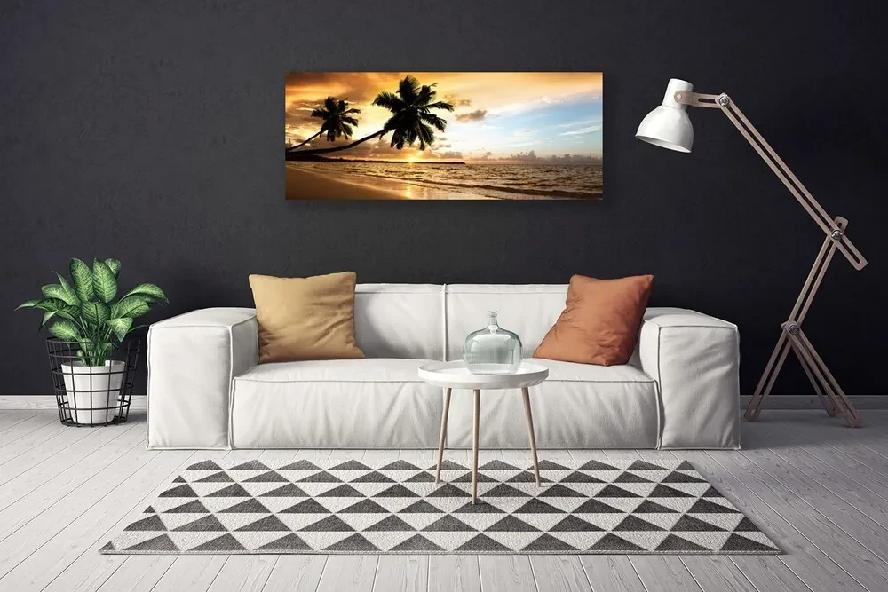 Tablou pe panza canvas Palm Trees Sea Beach Peisaj Galben Negru Albastru
