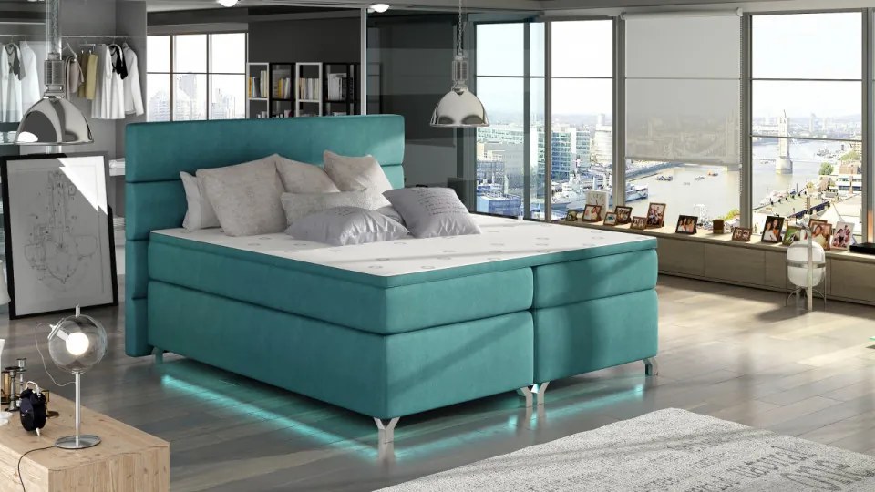 Pat tapitat boxspring, cu spatiu pentru depozitare, echipat cu LED, 160X200 cm, Amadeo, Eltap (Culoare: Verde Fistic)