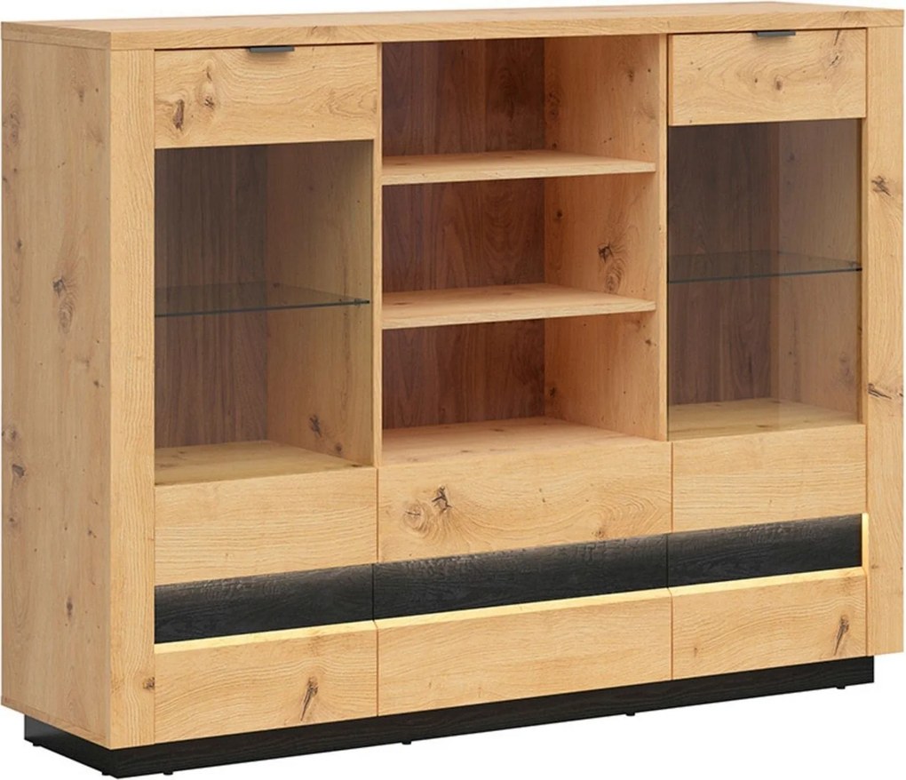 Vitrina OSTIA, stejar artisan/negru, PAL/sticla, 161x42x124 cm