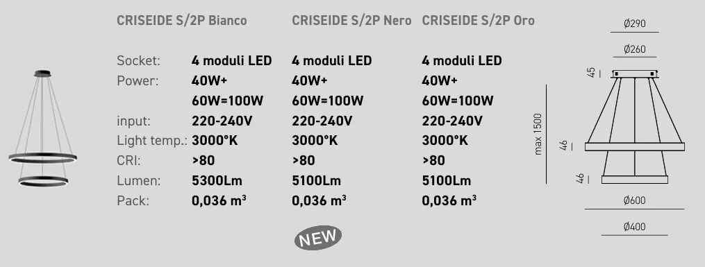 Lustra LED circulara cu 2 inele 60/40cm CRISEIDE, alb, negru sau auriu