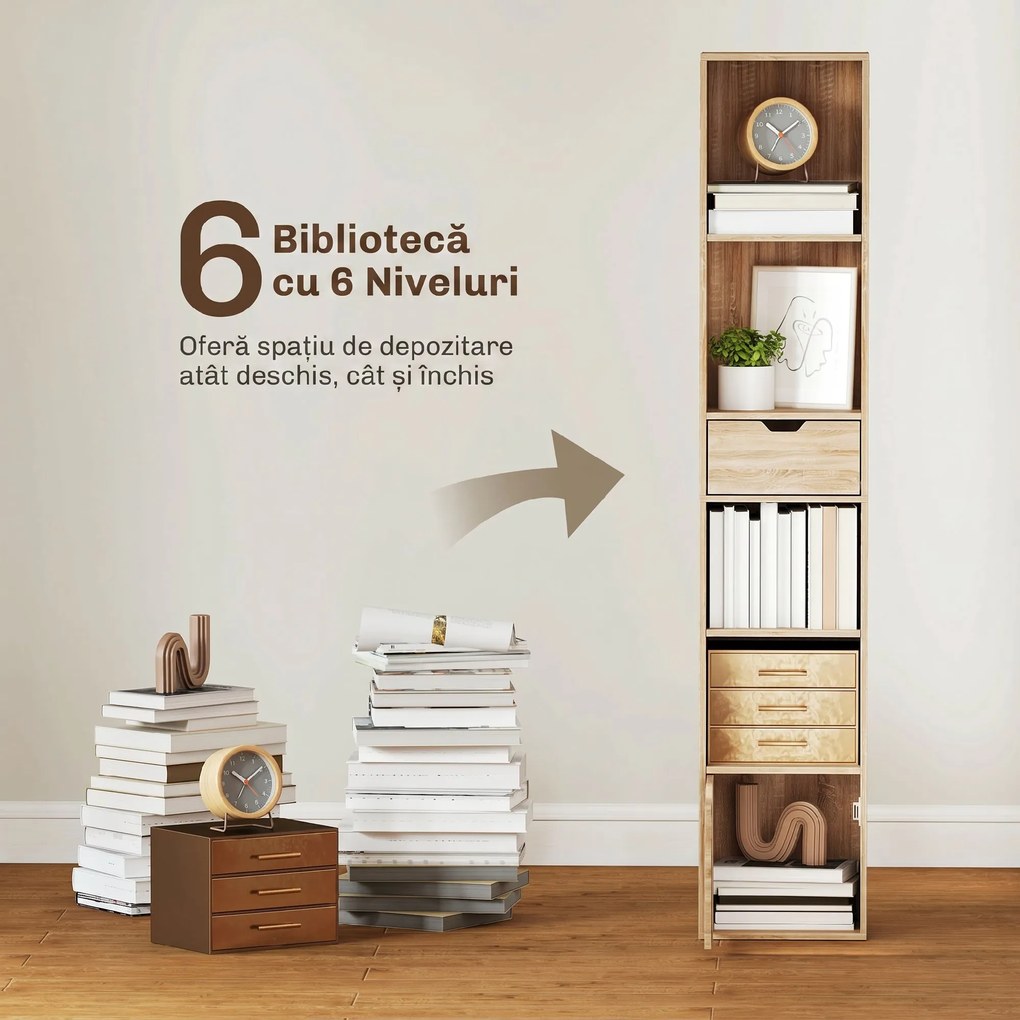 HOMCOM Raft Bibliotecă cu 4 Nivele Deschise, cu Dulap și Sertar, 30x24x158 cm, Lemn Natural | Aosom Romania