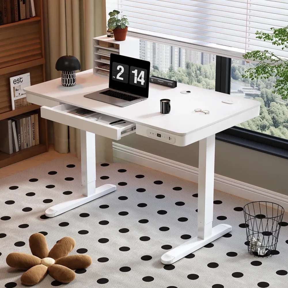 Birou Electric Reglabil pe Înălțime cu Sertar Ascuns, Încărcare Wireless & USB, Senzor de siguranță, 140x60, Alb