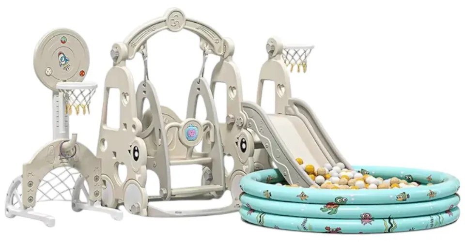 Tobogan 7 in 1 Pentru Copii NOVOKIDS™ Wonder Playground, Cu piscina cu 200 bile, Leagan si poarta fotbal, Pentru Interior si Exterior, 187 centimetri