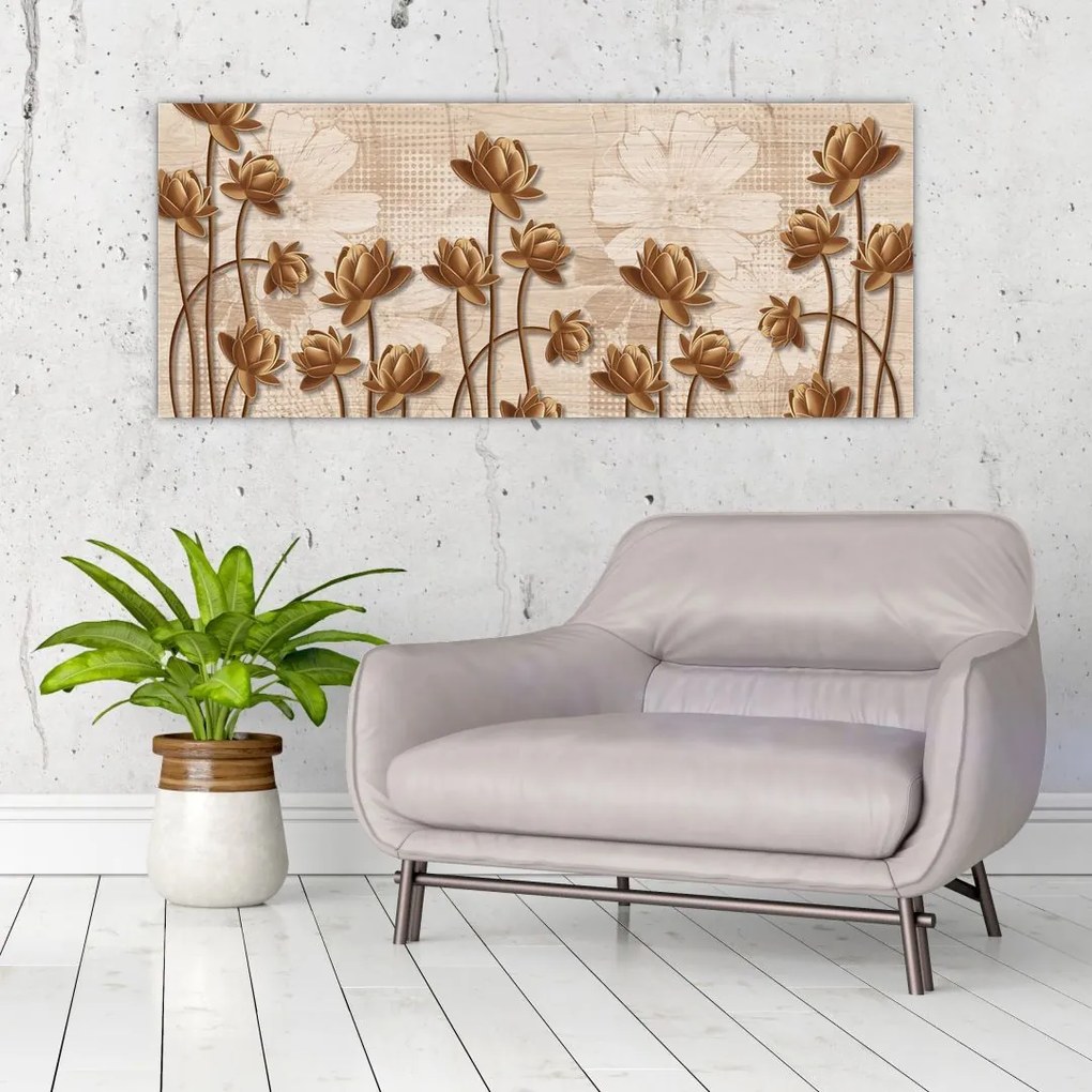 Tablou cu abstracția florilor - maro (120x50 cm)