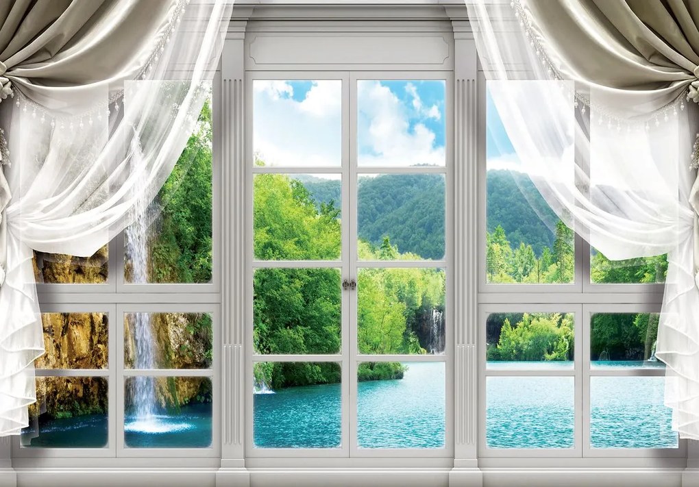 Fototapet - Privire din geam spre cascade (152,5x104 cm)