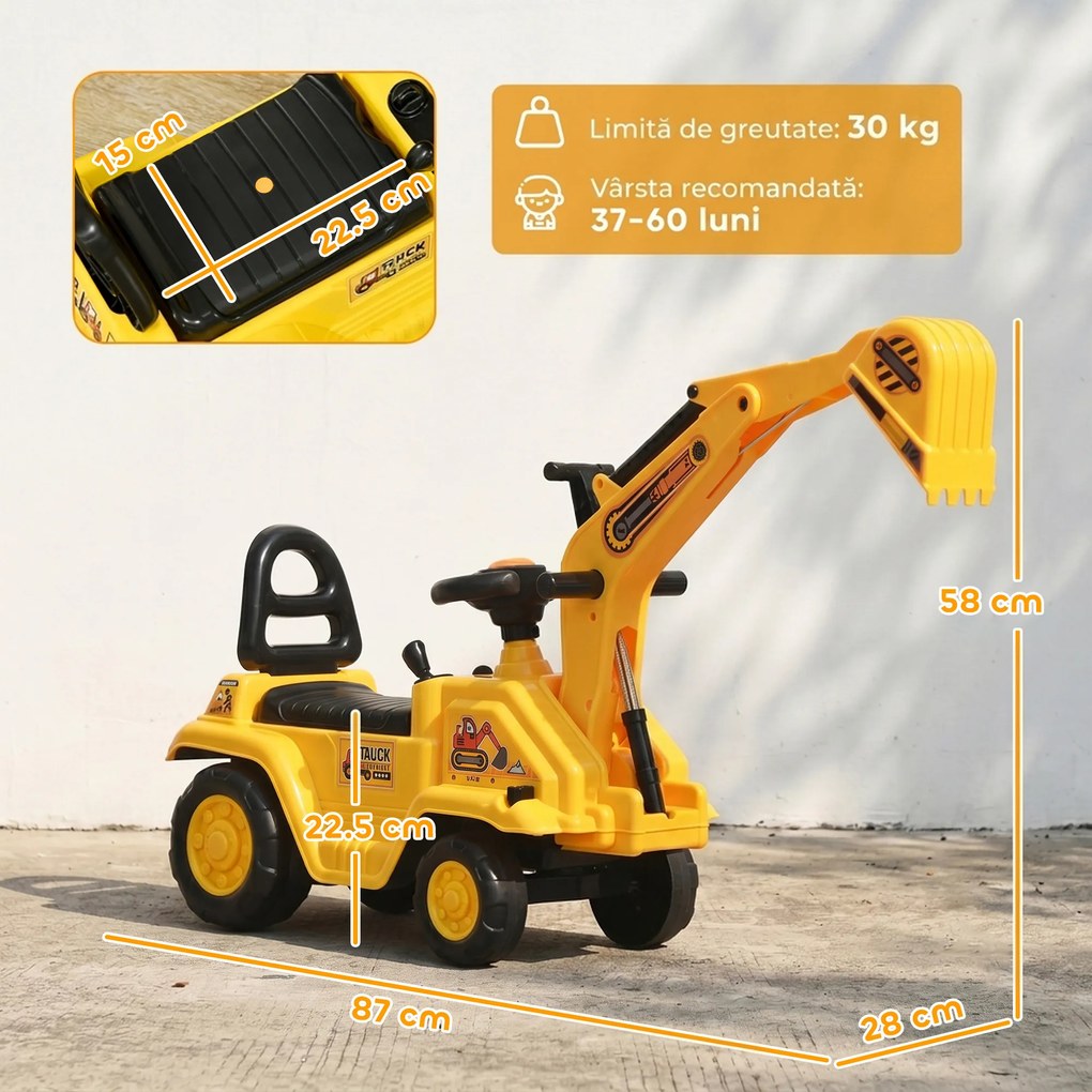 HOMCOM Excavator pentru copii cu cupă și spațiu de depozitare, claxon, volan, 18-48 luni, galben | Aosom Romania