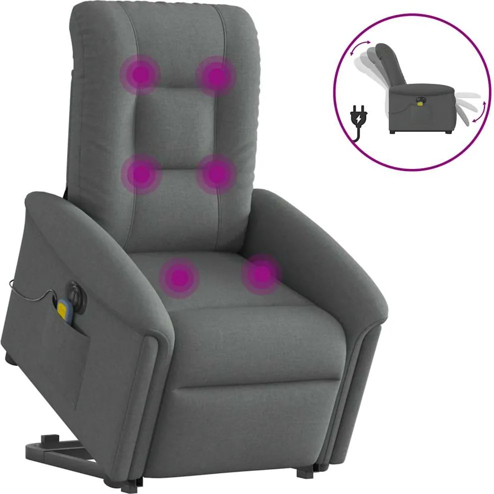 vidaXL Fotoliu electric masaj rabatabil cu ridicare, gri închis textil