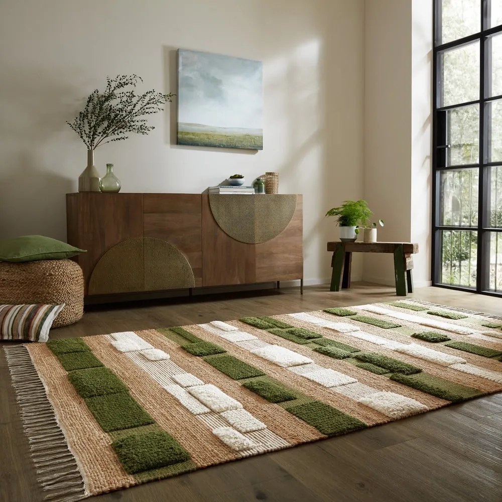 Covor verde/în culoare naturală țesut manual din amestec de iută 120x170 cm Medina Blocks – Flair Rugs