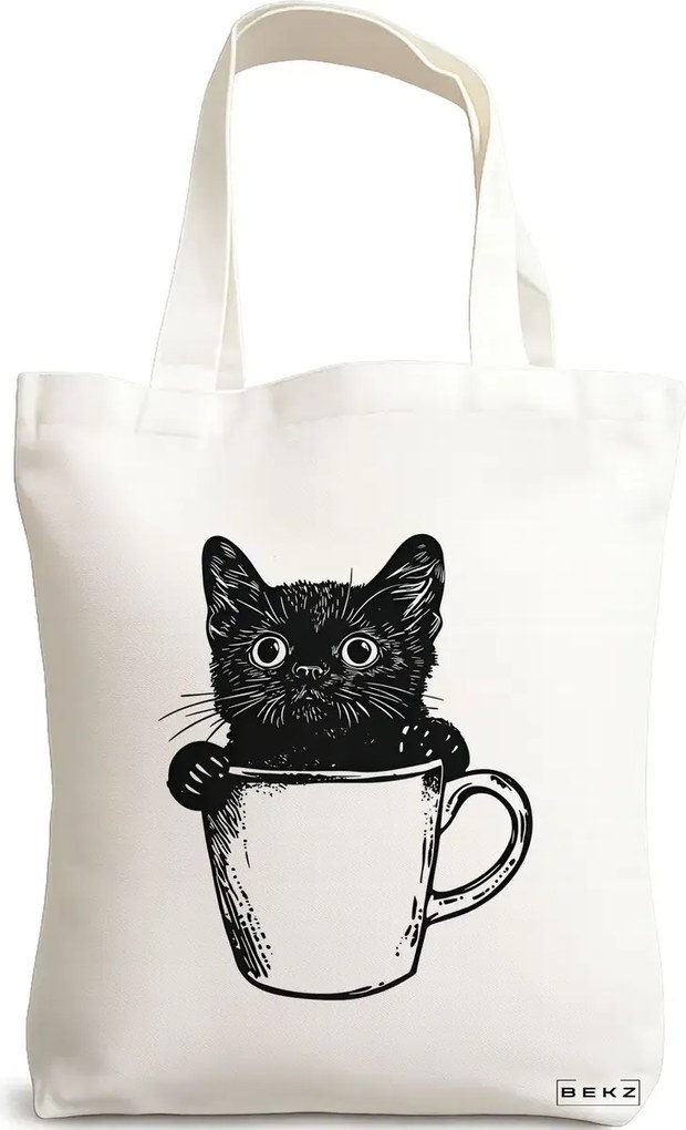 Sacosa de Panza pentru Cumparaturi, Geanta Tote, model Caffeine Cat 16 38 x 34.5 cm, Alba, BEKZ®