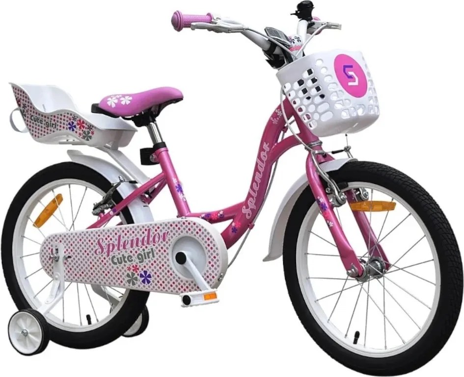Bicicleta pentru copii NOVOKIDS™ Splend'Or Boom PRO Edition, Cu cosulet pentru papusi, Roti 14" inch, Maxim 50 kg, Cadru din otel, Roti ajutatoare