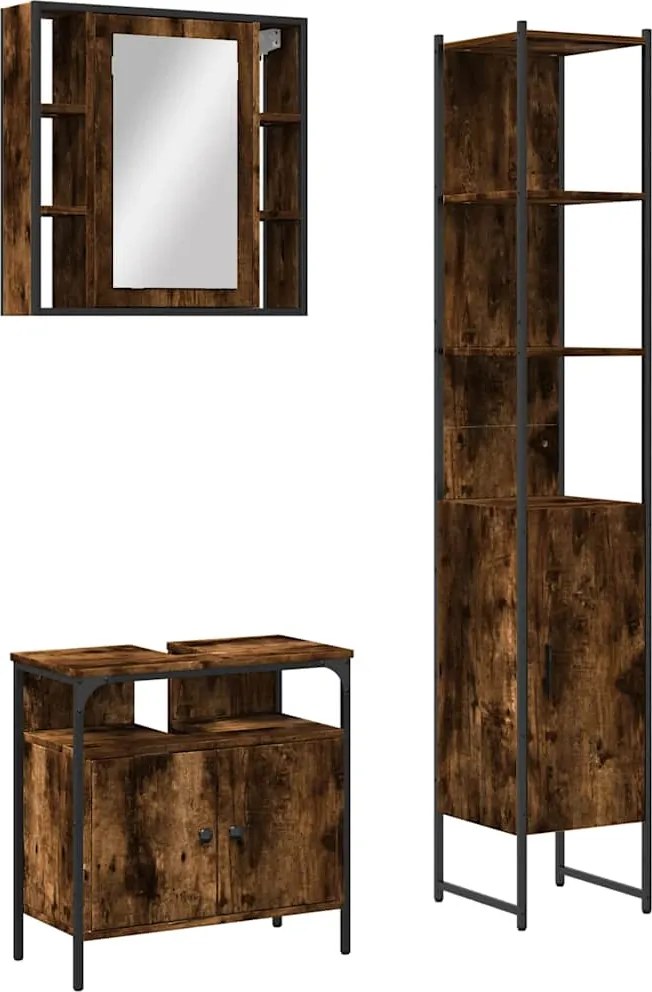 vidaXL Set dulapuri de baie, 3 piese, stejar afumat, lemn prelucrat