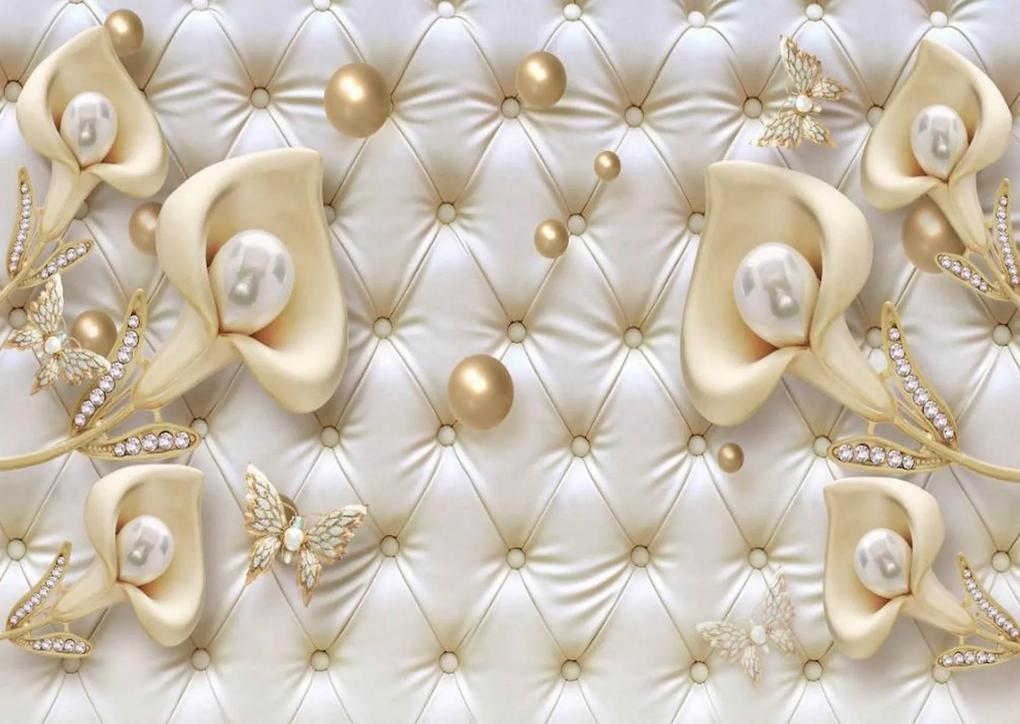 Fototapet 3D, Flori callas si perle bej pe un fundal alb Art.05075