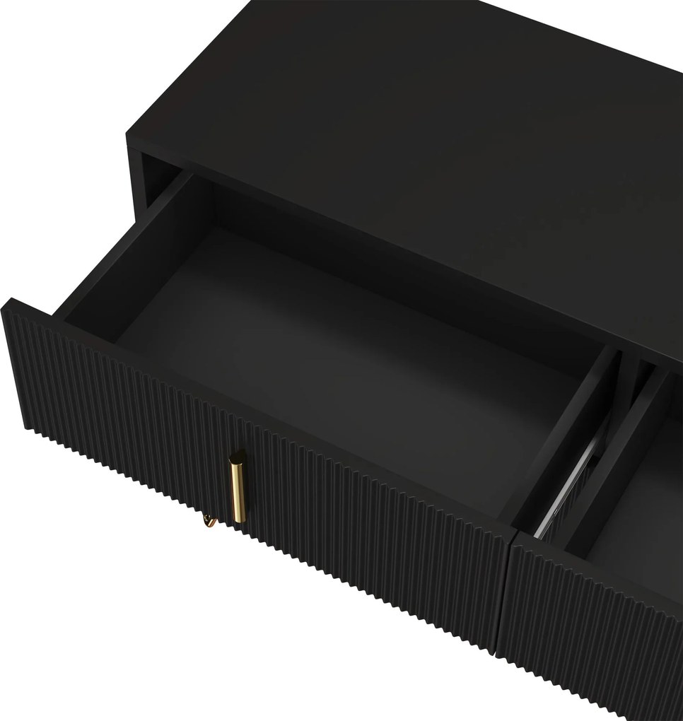 Bufet cu 6 sertare, mânere și picioare aurii, textură ondulată, 120x40x77 cm, Negru+Aurii
