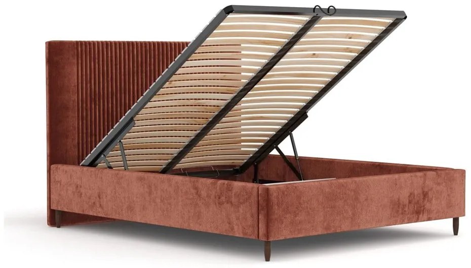 Pat matrimonial cărămiziu tapițat cu spațiu de depozitare cu somieră 140x200 cm Etero – Maison de Rêve