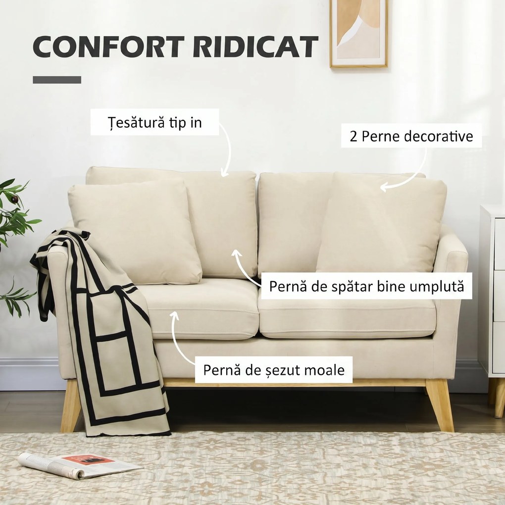 HOMCOM Canapea pentru 2 persoane pentru sufragerie, canapea mica, canapea tapitata cu 2 perne decorative, bej | Aosom Romania