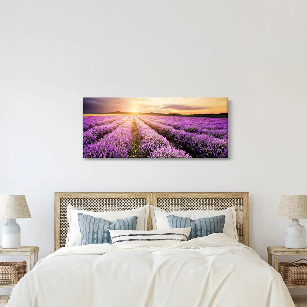 Tablou - Răsărit de soare în câmp de lavandă (120x50 cm)