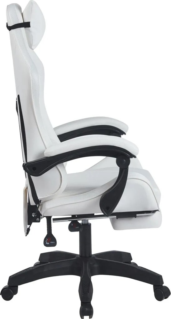 RESIGILAT- Scaun gaming, sistem iluminare bandă LED RGB, masaj în perna lombară, suport picioare, Alb