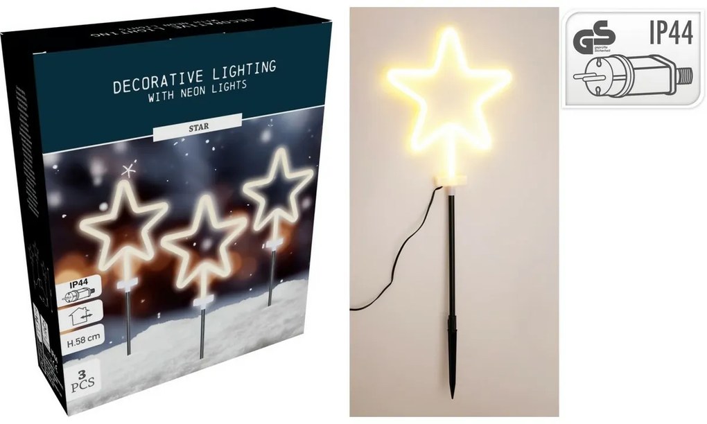 Iluminat exterior de Crăciun cu LED-uri Stea neon,set de 3 bucăți, înălțime 58 cm