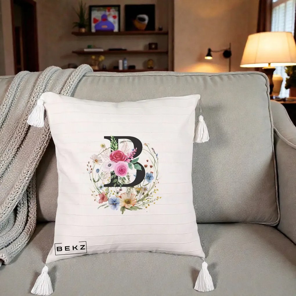 Cadou Personalizat - Perna Personalizata Monogram Litera B cu Flori Acuarela, 40x40 cm, Bej cu Franjuri, Husa Detasabila, Perna Inclusa, BEKZ®