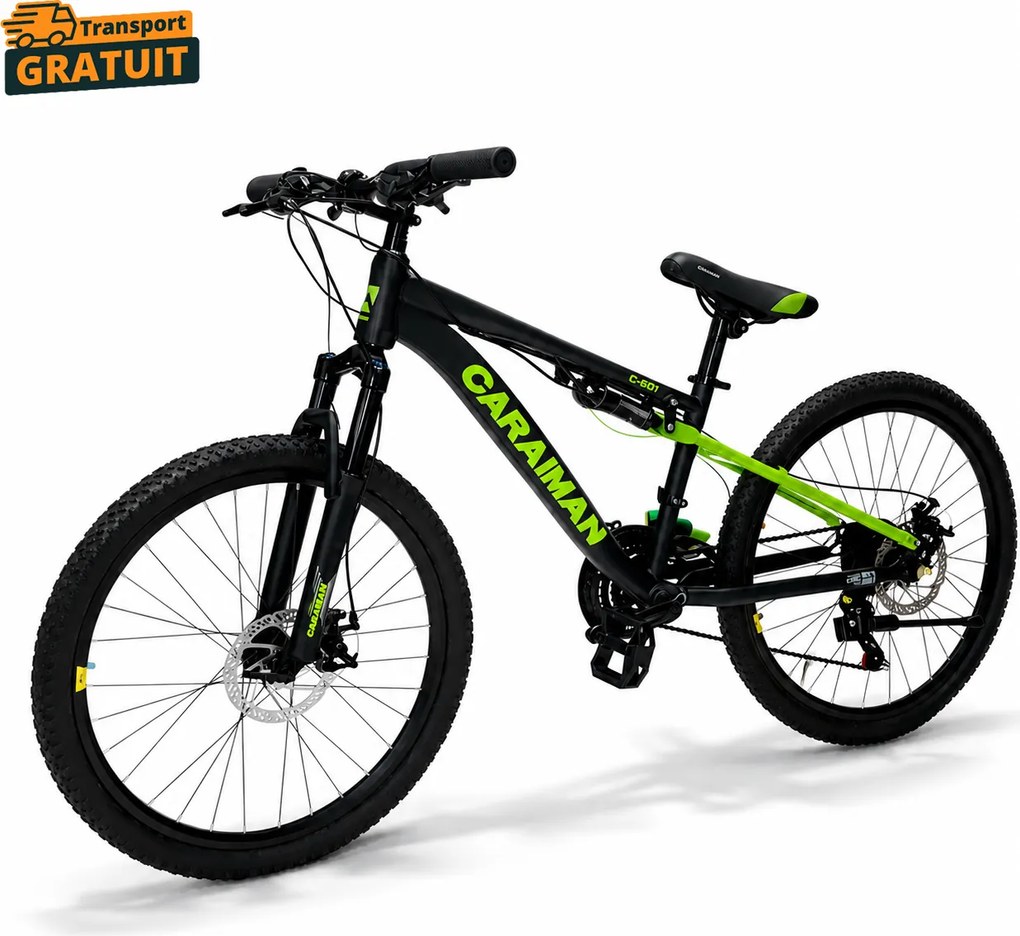 Bicicletă Caraiman, roți 29 inch, cu dublă suspensie, frâne pe disc, negru cu verde