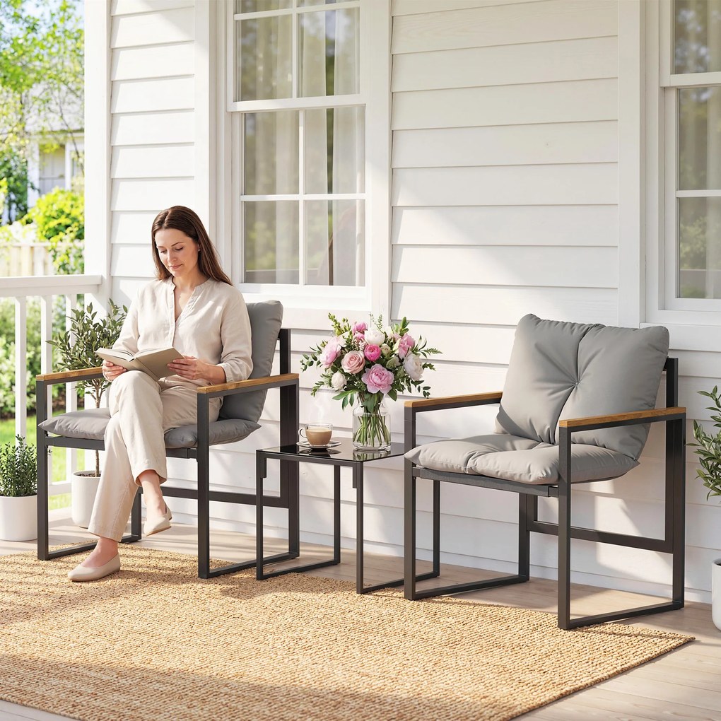 Outsunny Set Bistro pentru 2 Persoane, Set din 3 Piese pentru Grădină cu Cadrul din Metal și Perne Groase | Aosom Romania