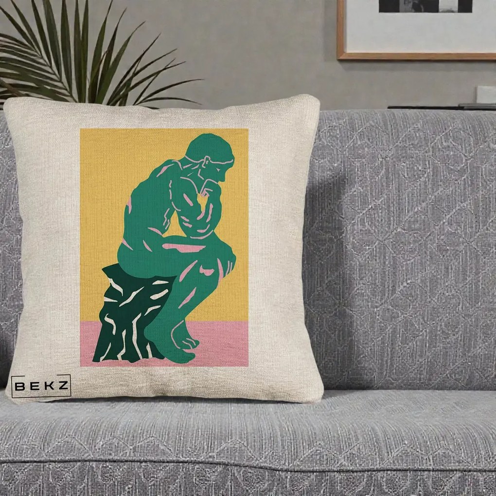 Perna Decorativa Ganditorul Sculptura Pop Art, 40x40 cm, Bej Canapea, Husa Detasabila, Perna Inclusa, BEKZ®