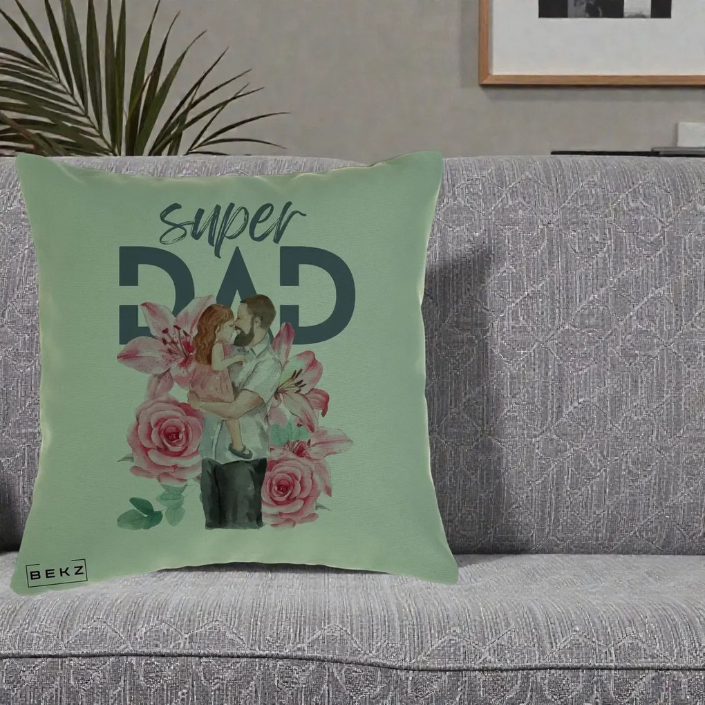 Cadou pentru Tata - Perna Personalizata Super Dad Tata cu Fetita si Flori, 40x40 cm, Verde, Husa Detasabila, Perna Inclusa, BEKZ®