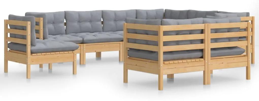 3096766 vidaXL Set mobilier de grădină cu perne gri, 9 piese, lemn masiv pin