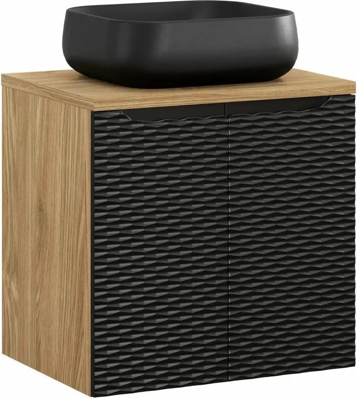 Set dulap baza suspendat 60 cm cu blat si lavoar Comad Ocean stejar uleiat si negru mat