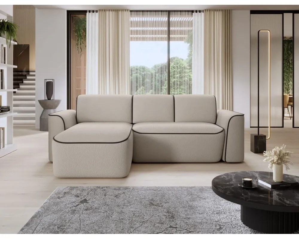 Colțar bej cu tapițerie din țesătură bouclé (cu colț pe partea stângă/cu șezlong) Ume – ELTAP