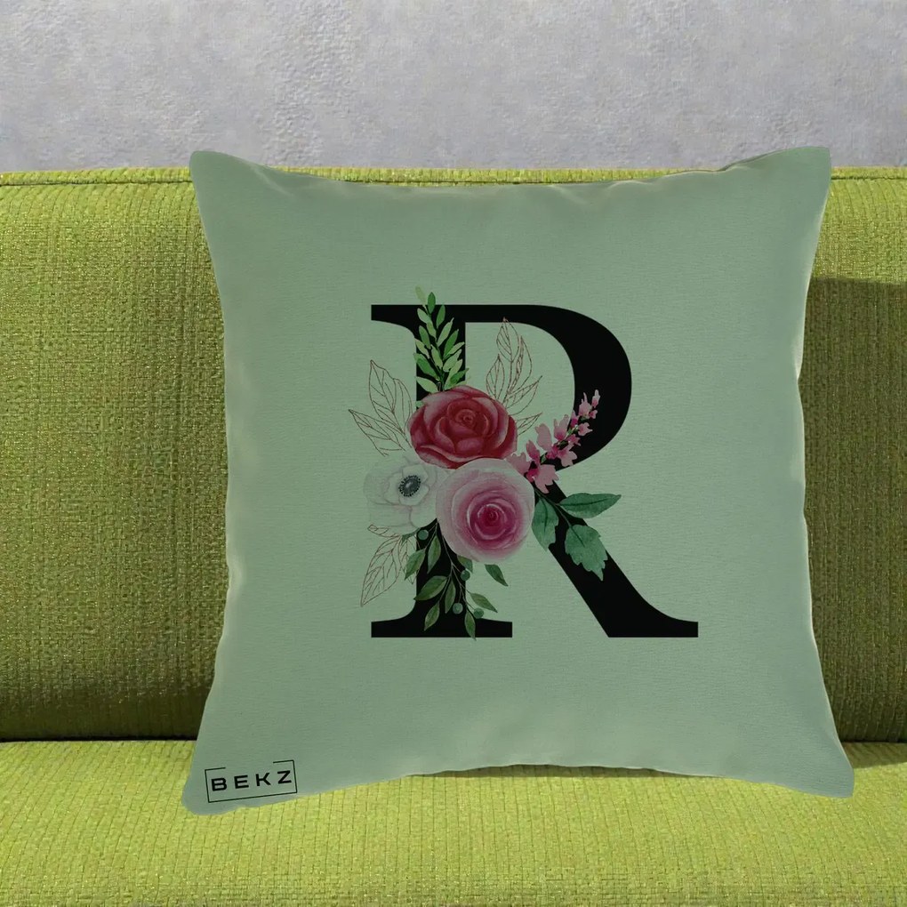 Cadou Personalizat - Perna Personalizata Monograma Florala Litera R, 40x40 cm, Verde, Husa Detasabila, Perna Inclusa, BEKZ®
