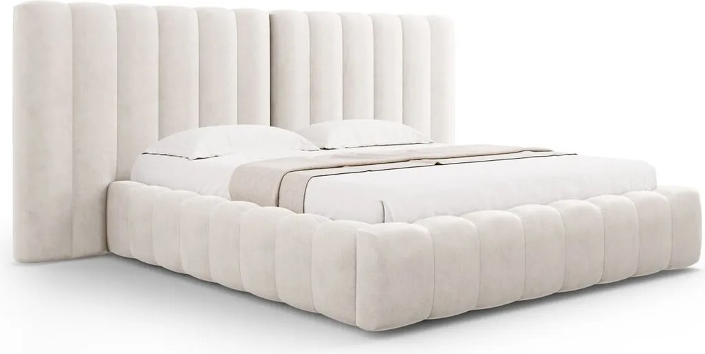 Pat tapitat cu somiera rabatabila si lada depozitare, 200x200 cm, Micadoni Home, Kelp-138, tablie dubla, tesatura structurata chenille, bej