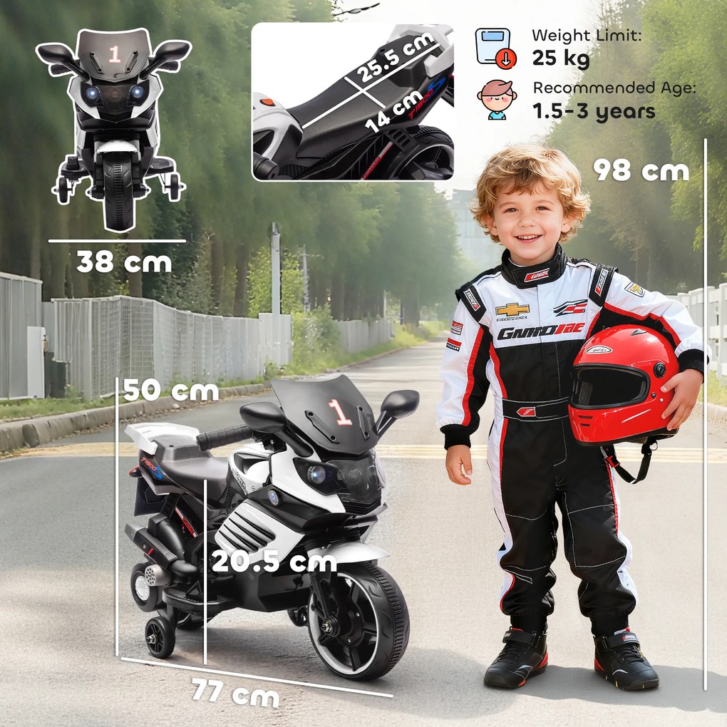 AIYAPLAY Motocicletă electrică pentru copii 18-36 luni, 6V, cu roți detașabile, faruri și muzică, albă | Aosom Romania