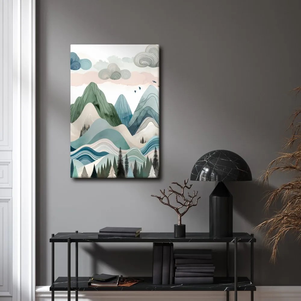Tablou munți pastel și pădure întunecată