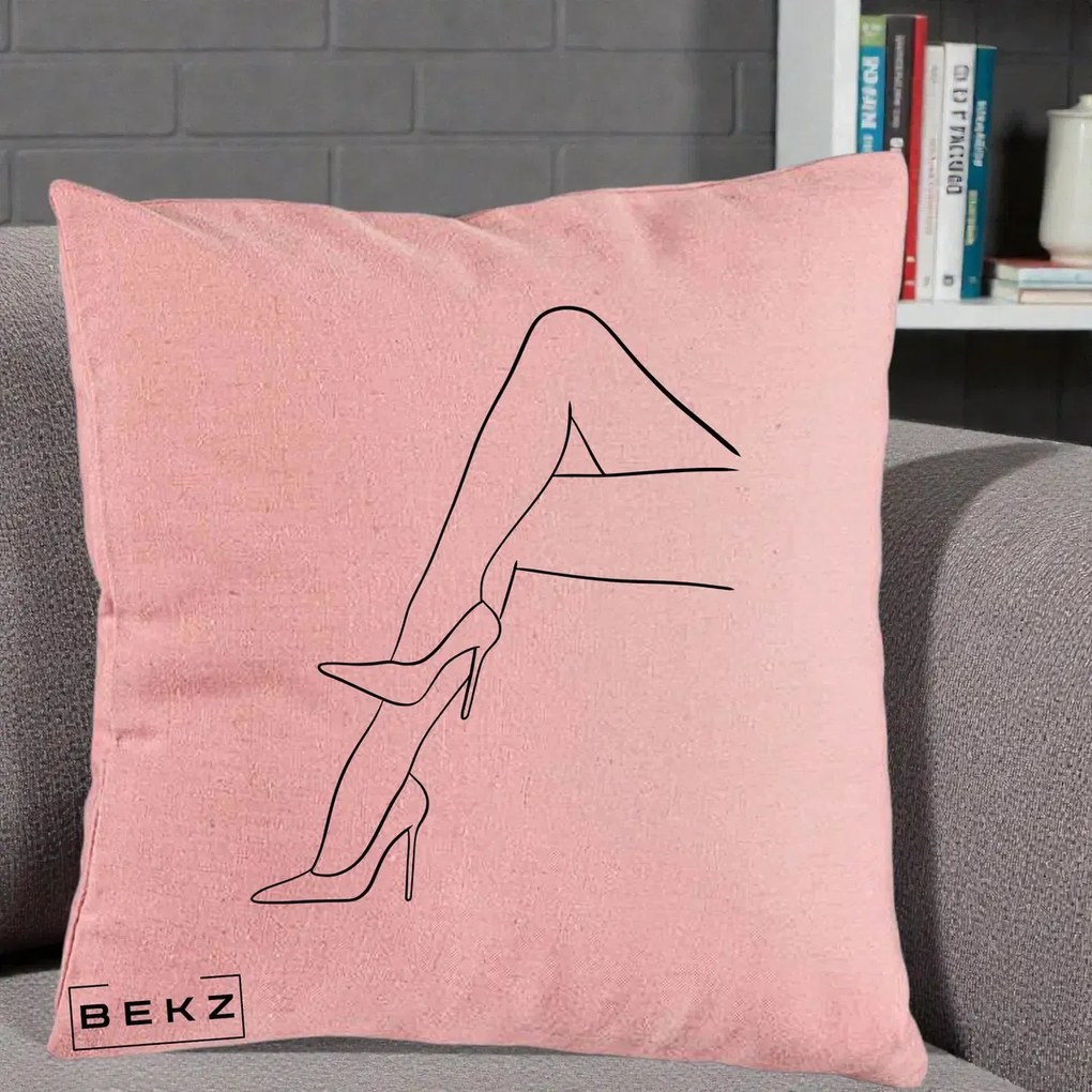 Perna Decorativa Picioare cu Tocuri Line Art, 40x40 cm, Roz, Husa Detasabila, Perna Inclusa, BEKZ®