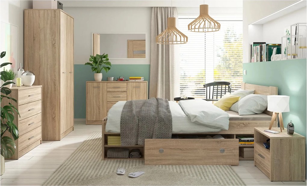 Set dormitor NEPO PLUS, stejar sonoma, pat 140x200, dulap cu 2 usi, 2