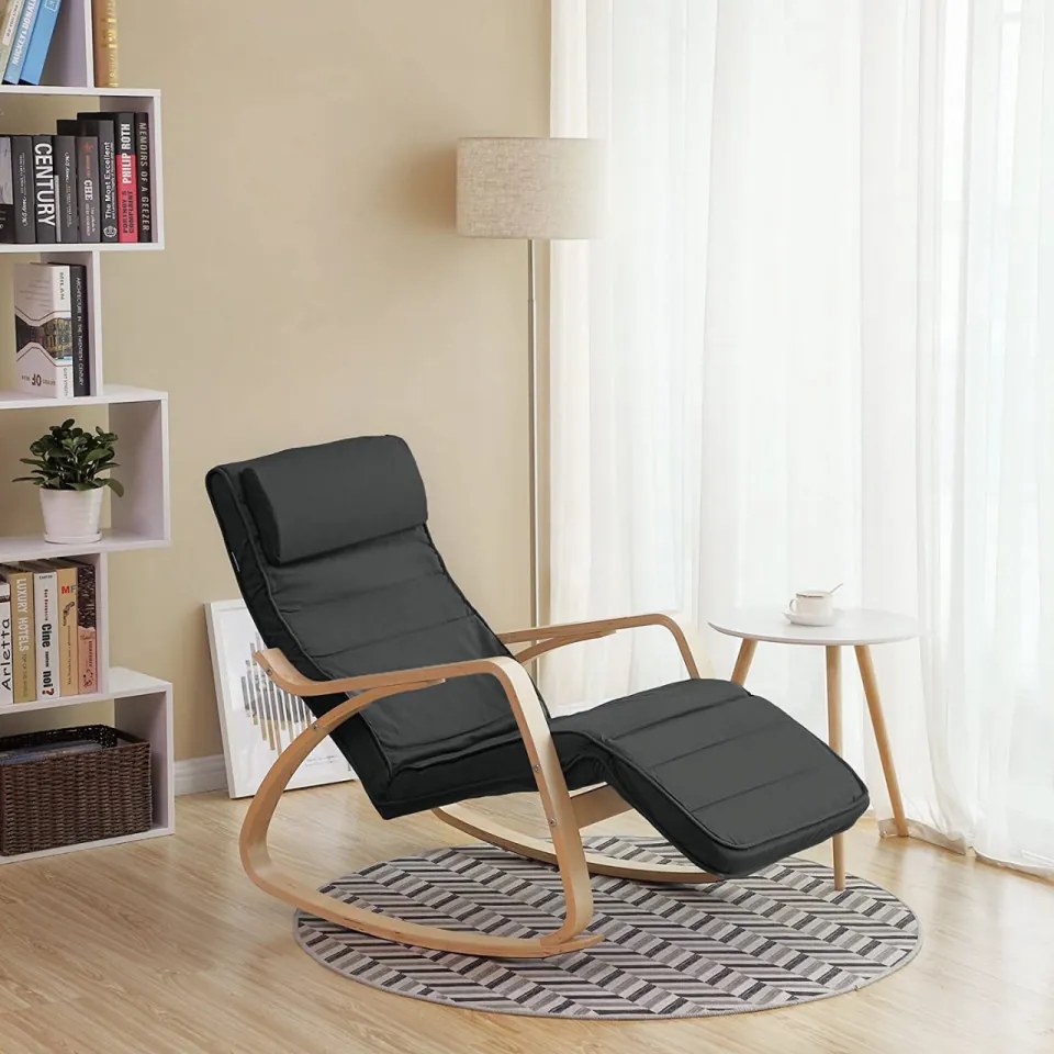 Fotoliu balansoar, lemn de mesteacan / textil, negru, Songmics